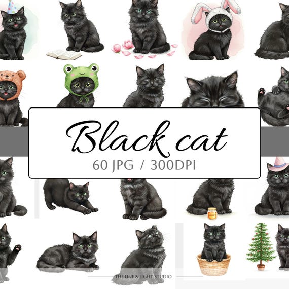 60 Black Cat Clipart Bundle JPG, Cute Kitten, Watercolor Cat Printable Images, junk journal, Cat Scrapbooking Paper craft, Funny Cat Art