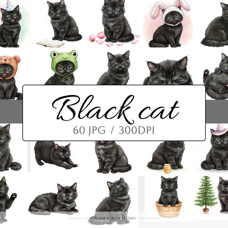 May include: A collection of watercolor illustrations of black cats in various poses and outfits. The image includes the text "Black cat" and details about the image file.