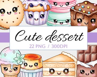 22 Watercolor Cute Kawaii Sweets clipart Bundle PNG, Cute Food Clipart with Faces, Adorable Dessert Graphics, Ice Cream Macaron Cupcake Art