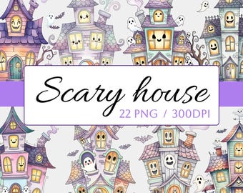 22 Watercolor Cute Halloween House Clipart PNG Bundle, Printable Spooky House Clipart, Haunted House PNG, Halloween Clipart Illustrations