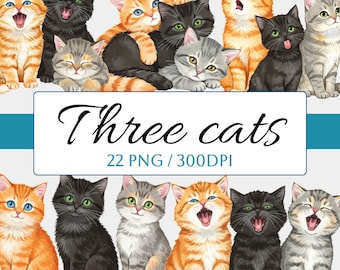 22 Three Cats Clipart Bundle PNG, Cute Watercolor Cat Illustrations, Watercolor Cat Printable Images, Orange Black Grey Tabby Kittens