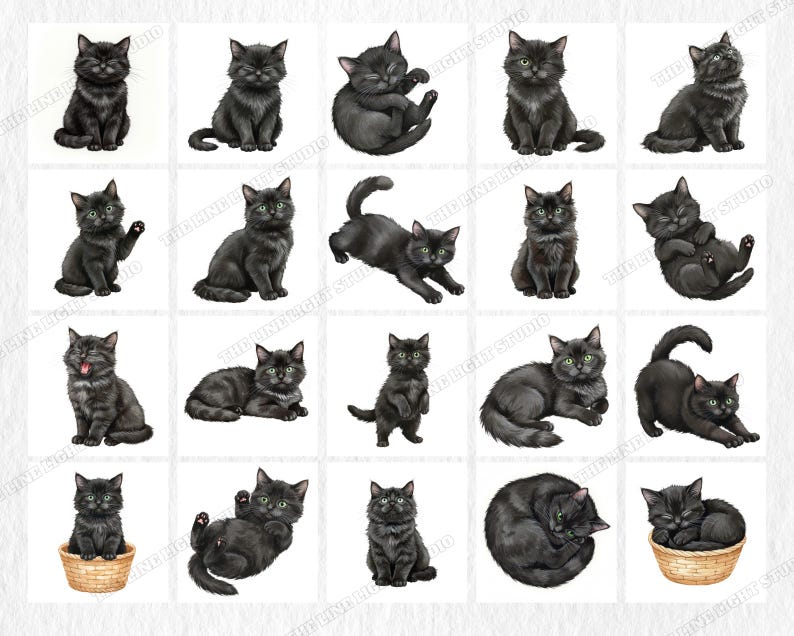 May include: A collection of watercolor illustrations of black cats in various poses. The cats are depicted in different positions, including sitting, standing, and playing. Some cats are in baskets. The artwork has a whimsical and artistic style.