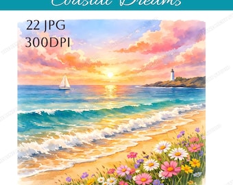 22 Watercolor Coastal Clipart Bundle, Lighthouse Beach Ocean Sunset Illustrations, Serene Ocean, Seaside Landscape Art, Summer Nautical Set