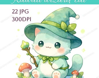 22 Watercolor Kawaii Wizard Cat Clipart JPG Bundle, Cute Mint Magic Cat, Сhibi  Cat Clipart, Fantasy Kitten Clipart, Wizard Animal Clipart
