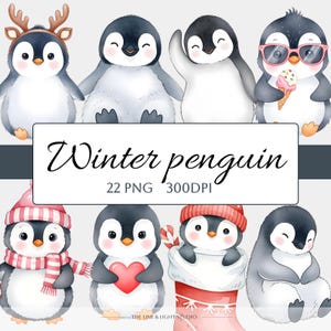 Könnte beinhalten: Aquarell-Illustration mit acht entzückenden Pinguinen in verschiedenen Winteroutfits. Die Pinguine sind mit Accessoires wie Ohrenschützern, Schals und Sonnenbrillen dargestellt. Der Text "Winter penguin" ist in der Mitte zu sehen.