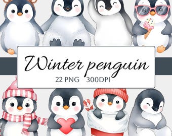 22 Watercolor Winter Penguin Clipart Bundle PNG, Baby Penguin Illustrations PNG Bundle, Christmas Penguin Png, Cute Penguin Digital Download