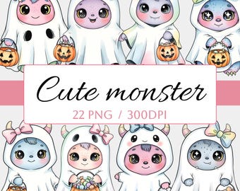 Cute Halloween Ghost Monsters PNG Clipart Bundle, Kawaii Trick or Treat PNG Set, Pastel Watercolor Ghosts Halloween, Cute Printable Graphics