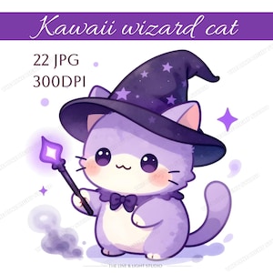 May include: A cute, cartoon-style illustration of a purple cat wearing a wizard hat with stars and holding a magic wand. The image has the text "Kawaii wizard cat" at the top and "22 JPG 300DPI" below it. The cat has a bow tie and is surrounded by purple sparkles.