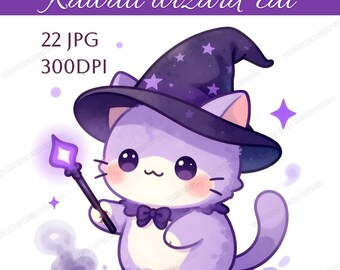 22 Watercolor Kawaii Wizard Cat Clipart JPG Bundle, Cute Purple Magic Cat, Сhibi  Cat Clipart, Fantasy Kitten Clipart, Wizard Animal Clipart