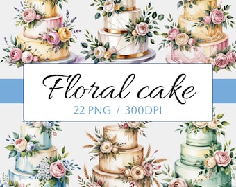 Watercolor Wedding Cake Clipart, Floral Botanical PNG Set (Digital Download)