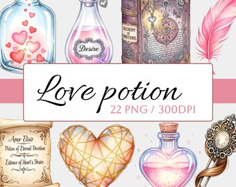 Watercolor Love Potion Clipart, Magical Elixir PNG Bundle (Digital Download)