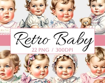 22 Watercolor Vintage Baby Girl Clipart PNG Bundle, Printable Baby Shower Clipart, Retro Victorian Baby PNG,Cute Baby Girl Digital Download