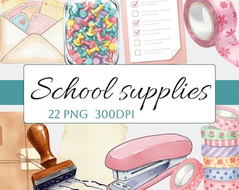 Watercolor School Supplies Clipart Bundle, Pastel Stationery (Digital Download)