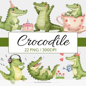 May include: A watercolour illustration of six green crocodiles in different poses. One wears a party hat, another is in a teacup, and one wears headphones. The image includes the text "Crocodile" and "22 PNG / 300DPI".