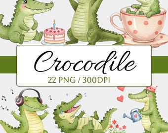 22 Crocodile Clipart Bundle, Watercolor Crocodile PNG, Cute Crocodile Printable Images, Croco Clipart Paper Craft, Watercolor Croc Bundle