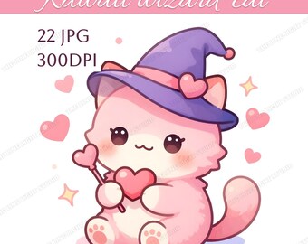 22 Watercolor Kawaii Wizard Cat Clipart JPG Bundle, Cute Pink Magic Cat, Сhibi Cat Clipart, Fantasy Kitten Clipart, Wizard Animal Clipart