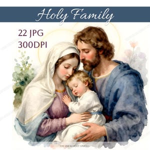 May include: Watercolor illustration of the Holy Family. Mary, Joseph, and baby Jesus are depicted in soft colors. Mary wears a white veil and purple robe. Joseph is in a blue robe. The baby is in a white garment. The text "Holy Family" is at the top.