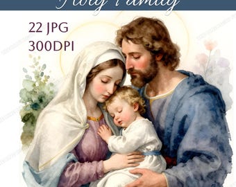 22 Watercolor Holy Family Clipart, Catholic family JPG, Christian Artwork, Jesus Mary Joseph Set, Christmas Nativity Printable Images