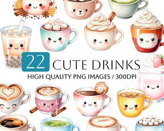 Paquete de 22 imágenes prediseñadas PNG de acuarela lindas y kawaii, imágenes prediseñadas de chocolate caliente y café para imprimir, imágenes prediseñadas de bebidas de té transparentes, imágenes prediseñadas de bebidas de otoño