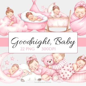 Puede incluir: Ilustración en acuarela con bebés durmiendo en varias poses, rodeados de elementos rosas como nubes, una cuna y una luna creciente. El texto "Goodnight, Baby" se muestra de forma destacada. La imagen tiene una estética suave y soñadora.