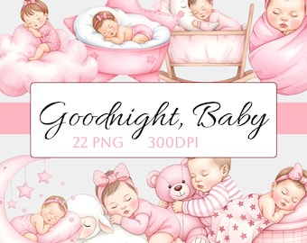 22 Goodnight Baby Girl Sleeping PNG Clipart Set, Pink Pajamas Baby PNG Bundle, Nursery Moon Stars Baby Clip Art, Newborn Digital Download