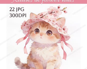 22 Watercolor Kawaii Kittens in Flower Hats Clipart Bundle, Cute Floral Cat JPG Set, Funny Cat Art Cat Clipart Bundle JPG, Cute Kitten