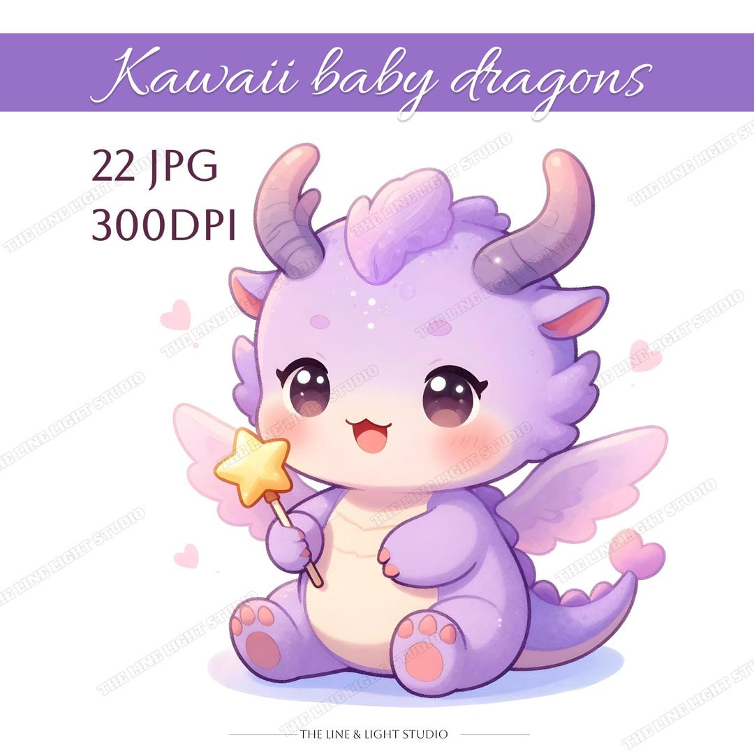 22 Watercolor Kawaii Baby Dragon Clipart JPG Bundle, Cute Dragon ...