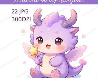 22 Watercolor Kawaii Baby Dragon Clipart JPG Bundle, Cute Dragon, Fantasy Chibi Clipart, Magical Creatures, Wizard Animal Clipart