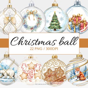 May include: A collection of watercolor Christmas ball ornaments with various designs, including a Christmas tree, gifts, a polar bear, and a fox. The text "Christmas ball" is displayed on a white rectangle.