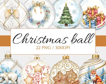 22 Watercolor Christmas Balls Clipart PNG Bundle, Festive Ornaments with Tree, Gifts, Fox, Christmas design, Hanging Ornaments Clip Art Set