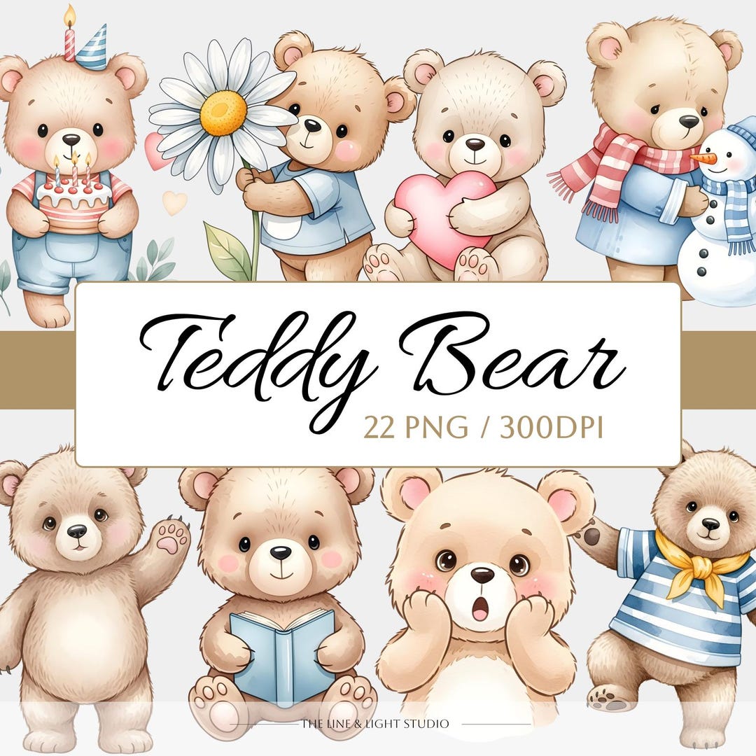 Watercolor Teddy Bear Clipart Bundle, Baby Shower PNG (digital Download ...
