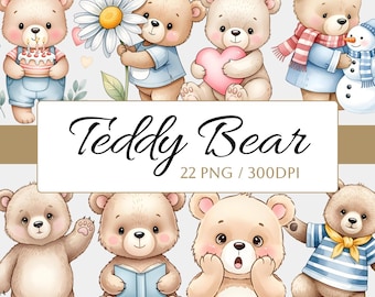 Watercolor Teddy Bear Clipart Bundle, Baby Shower PNG (Digital Download)