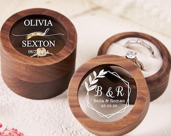 Personalized Wood Ring Box with Acrylic Lid, Wedding Ring Box, Double Slot Ring Bearer, Round Ring Box, Engagement, Proposal Ring Holder