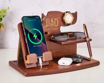 Personalized Wood Docking Station Father's Day Gifts for Dad Desk Organizer Engraved Docking Station Birthday Gift for Dad Husband