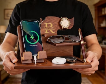 Personalized Wood Docking Station Father's Day Gift for Dad Desk Organizer Engraved Docking Station Anniversary gift for Husband Boy friend