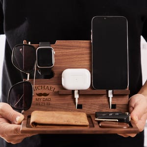 Personalized Wood Engraved Docking Station,Wood  Docking Station, Docking Station for Cell Phone,Tablet,Wallet,Watch,Keys,Gifts for Men