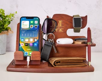 Personalized Wooden Docking Station, Engraved Desk Organizer,Valentine's Day gifts for Men, Birthday Gift, Christmas Gift for Dad Husband