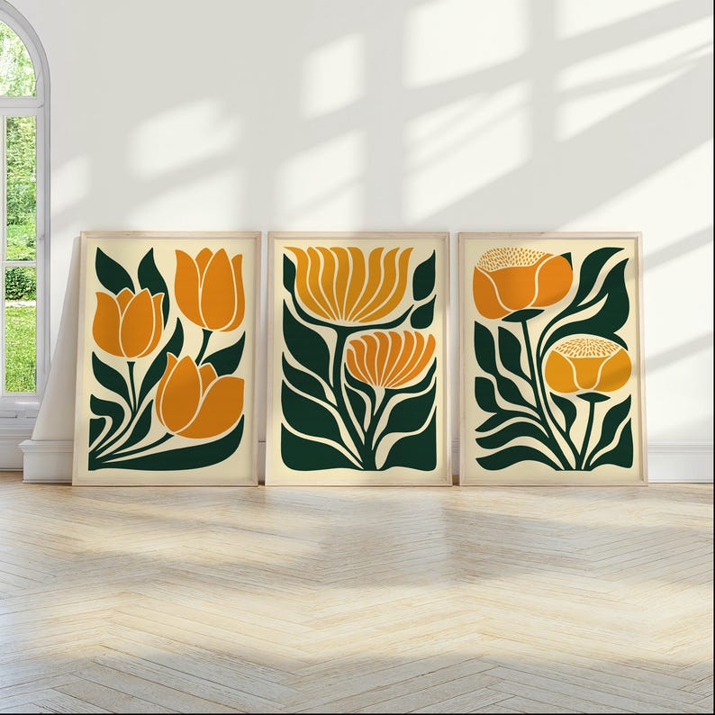 Mid Century Floral Wall Art Set: Retro Orange & Green Botanical Prints ...