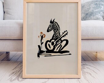 Abstract Zebra Guitar Sketch Wall Art - Black Ink Bohemian Decor