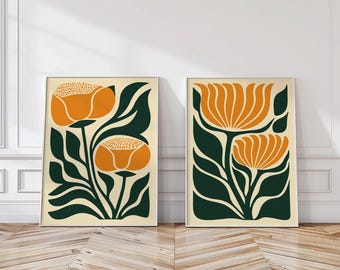 Mid Century Modern Flower Print Set of 2: Orange and Green Botanical Wall Art