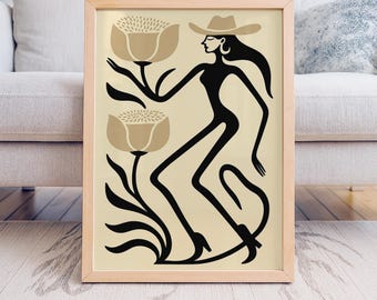Botanical Cowgirl Art Print – Mid Century Modern Retro Western Wall Decor