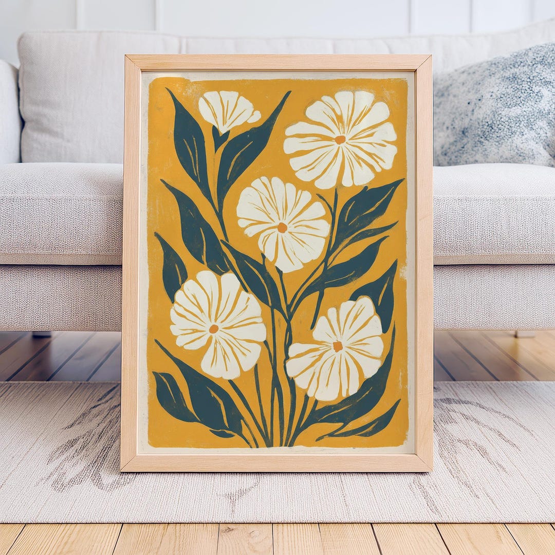Floral Wall Art Mustard Yellow Linocut Botanical Print - Etsy