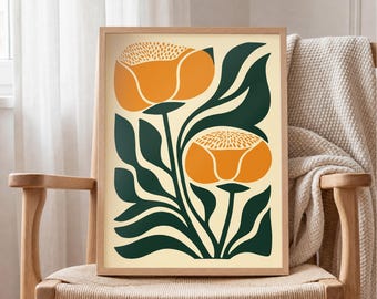 Mid Century Floral Print – Retro Botanical Wall Art in Orange and Green, Scandinavian Decor