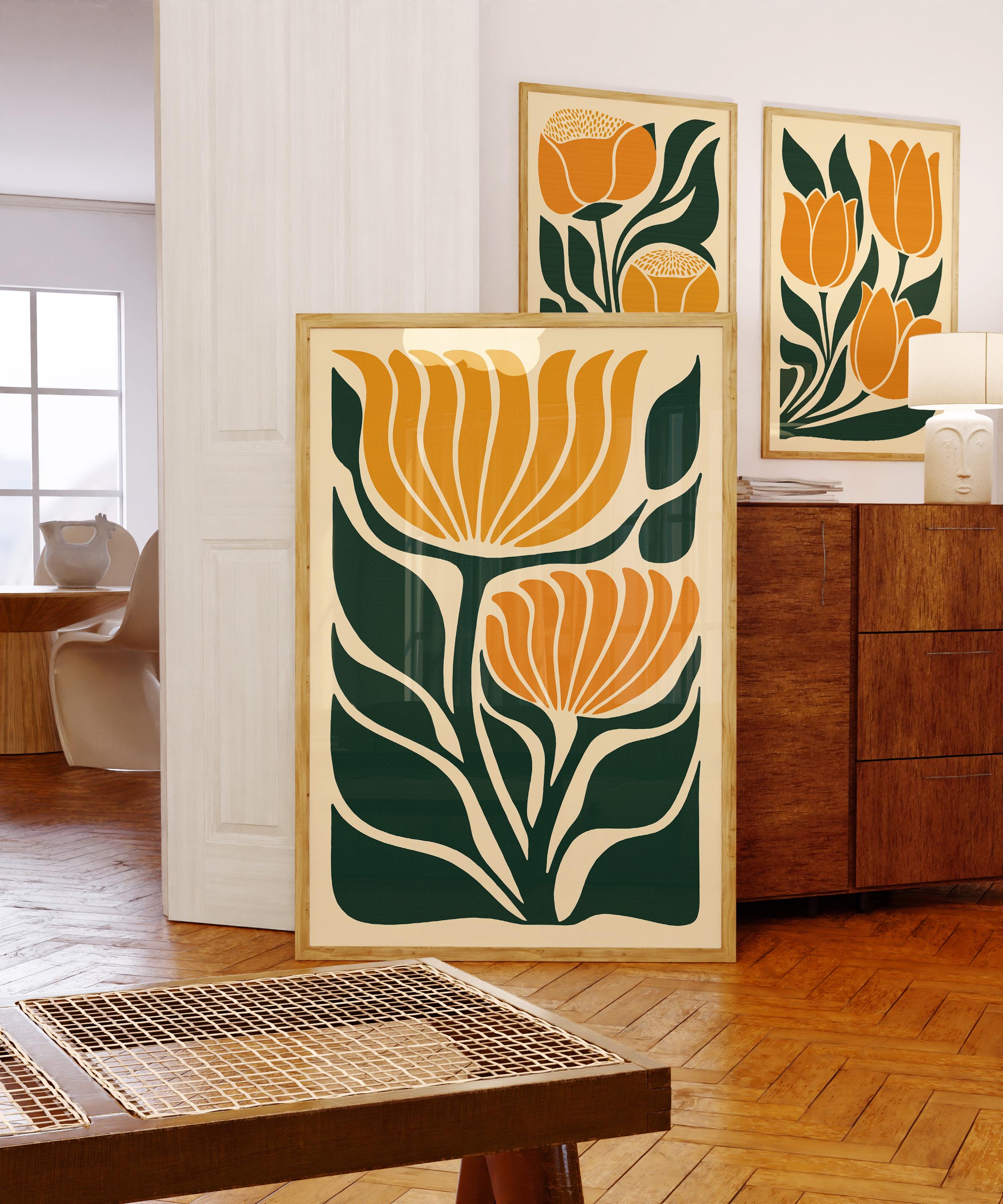 Mid Century Floral Wall Art Set: Retro Orange & Green Botanical Prints ...