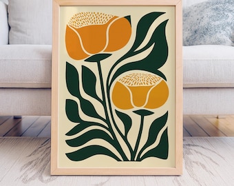 Mid Century Floral Print – Retro Botanical Wall Art in Orange and Green, Scandinavian Decor