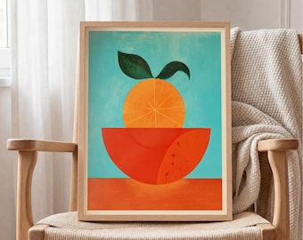 Mid Century Orange Still Life Art Print – Bold Fruit Kitchen Wall Decor