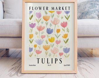 Flower Market Tulip Poster | Pastel Spring Floral Wall Art | Amsterdam Vintage Botanical Print