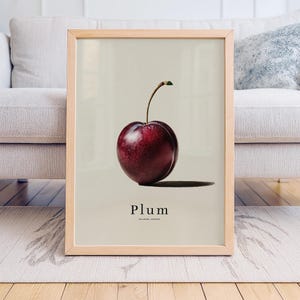 May include: A framed print showing a single, ripe plum in a deep burgundy hue with a green stem. The word "Plum" is printed below the fruit, with the location "Salzburg, Austria". The background is a neutral tone, creating a simple, elegant design.