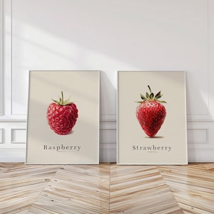 Può includere: Due stampe incorniciate con illustrazioni botaniche di un lampone e una fragola. Il lampone è di un rosso vibrante, e la fragola è di un rosso intenso con foglie verdi. Ogni stampa ha il nome del frutto in testo nero.
