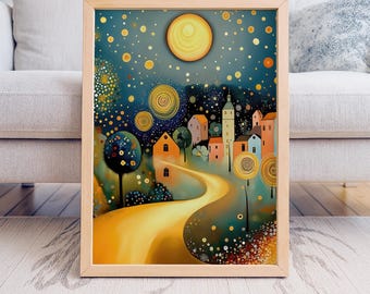 Whimsical Village Art Print – Starry Night Fairytale Wall Decor